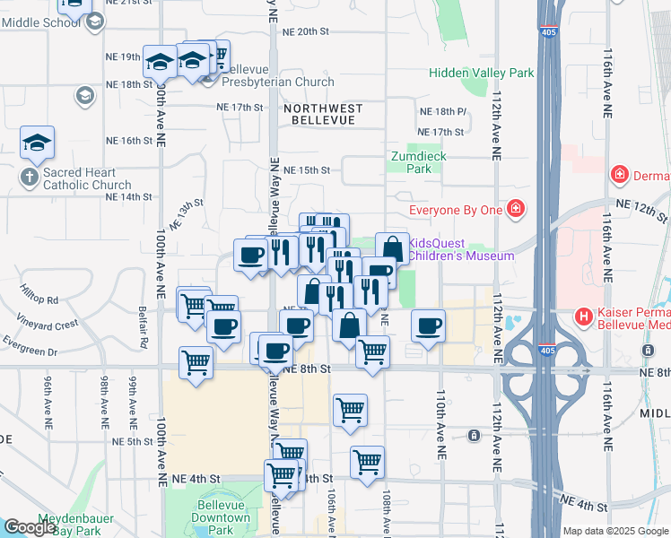 map of restaurants, bars, coffee shops, grocery stores, and more near 1120 106th Avenue Northeast in Bellevue