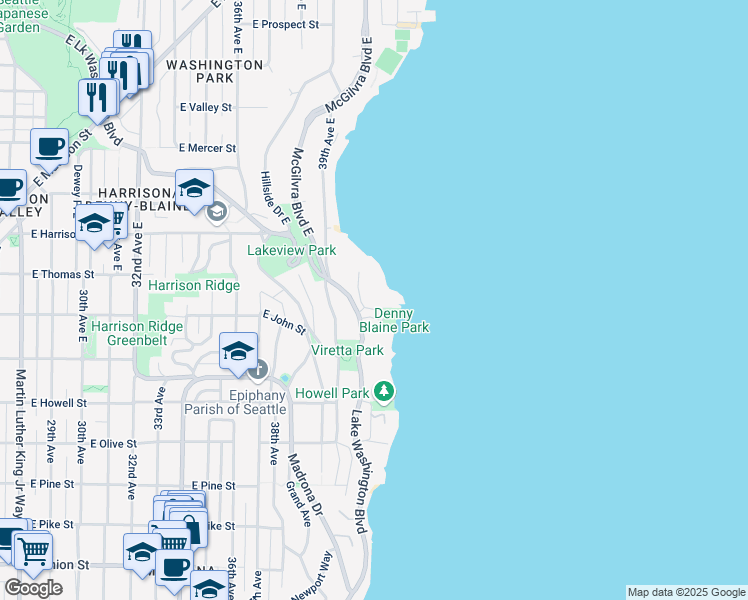 map of restaurants, bars, coffee shops, grocery stores, and more near 205 40th Avenue East in Seattle