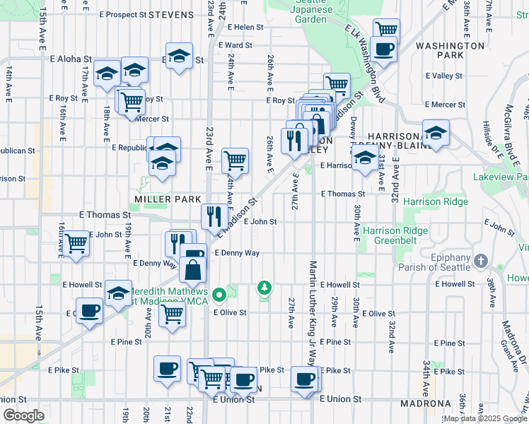 map of restaurants, bars, coffee shops, grocery stores, and more near 206 25th Avenue East in Seattle