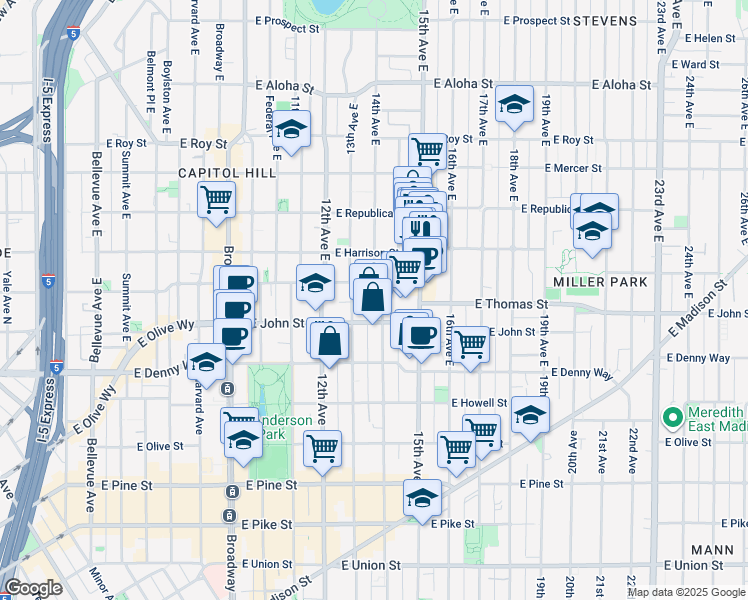 map of restaurants, bars, coffee shops, grocery stores, and more near 215 14th Avenue East in Seattle