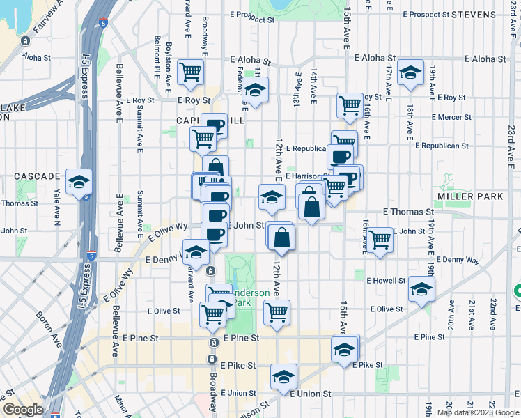 map of restaurants, bars, coffee shops, grocery stores, and more near 215 12th Avenue East in Seattle