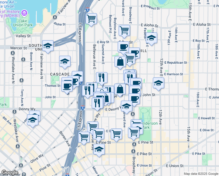 map of restaurants, bars, coffee shops, grocery stores, and more near 226 Summit Avenue East in Seattle