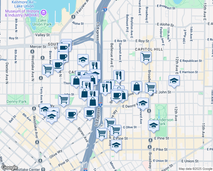 map of restaurants, bars, coffee shops, grocery stores, and more near 170 Melrose Avenue East in Seattle