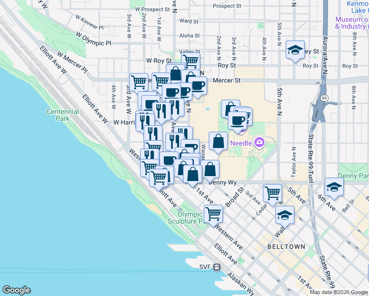 map of restaurants, bars, coffee shops, grocery stores, and more near 227 Queen Anne Avenue North in Seattle
