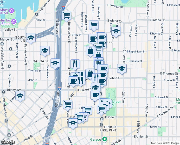 map of restaurants, bars, coffee shops, grocery stores, and more near 210 Boylston Avenue East in Seattle