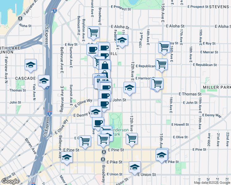 map of restaurants, bars, coffee shops, grocery stores, and more near 222 10th Avenue East in Seattle