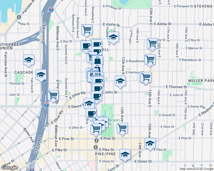map of restaurants, bars, coffee shops, grocery stores, and more near 222 10th Avenue East in Seattle