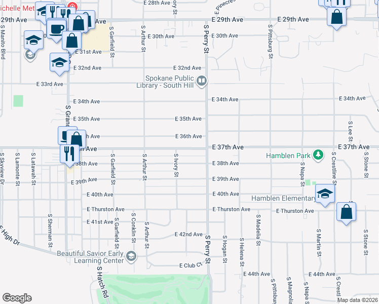 map of restaurants, bars, coffee shops, grocery stores, and more near 1228 East 37th Avenue in Spokane