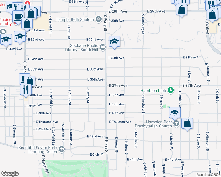 map of restaurants, bars, coffee shops, grocery stores, and more near 3711 South Perry Street in Spokane