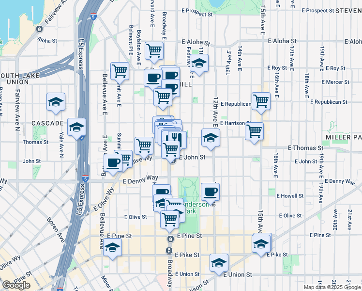 map of restaurants, bars, coffee shops, grocery stores, and more near 200 Broadway East in Seattle