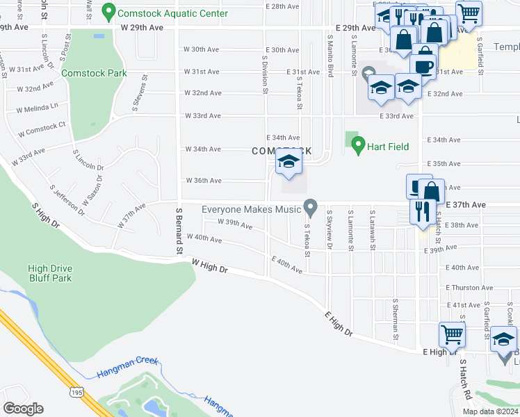 map of restaurants, bars, coffee shops, grocery stores, and more near 3704 South Manito Boulevard in Spokane
