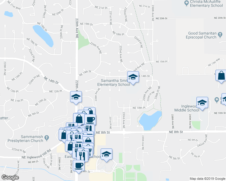 map of restaurants, bars, coffee shops, grocery stores, and more near 23030 Northeast 13th Street in Sammamish