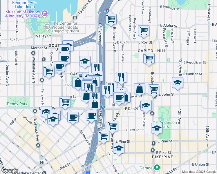 map of restaurants, bars, coffee shops, grocery stores, and more near 170 Melrose Avenue East in Seattle