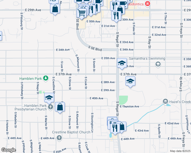 map of restaurants, bars, coffee shops, grocery stores, and more near 2636 East 37th Avenue in Spokane