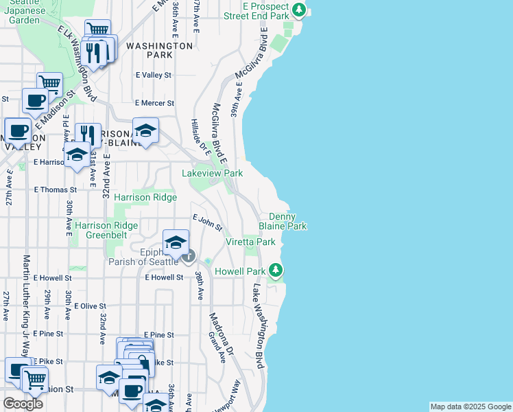 map of restaurants, bars, coffee shops, grocery stores, and more near 205 40th Avenue East in Seattle