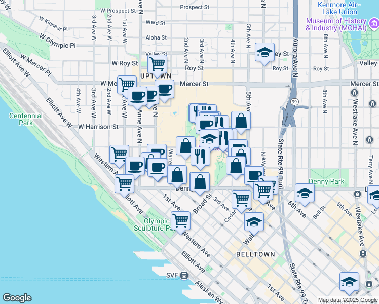 map of restaurants, bars, coffee shops, grocery stores, and more near 201 Thomas Street in Seattle