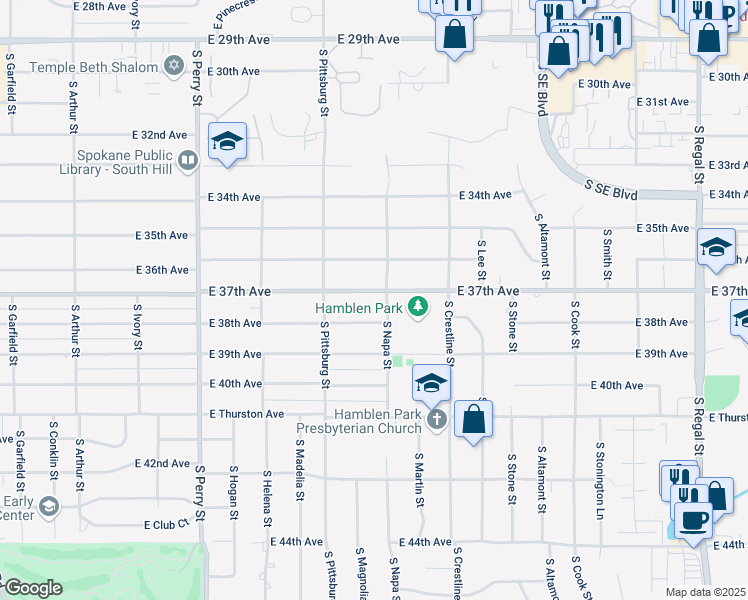 map of restaurants, bars, coffee shops, grocery stores, and more near 1918 East 37th Avenue in Spokane