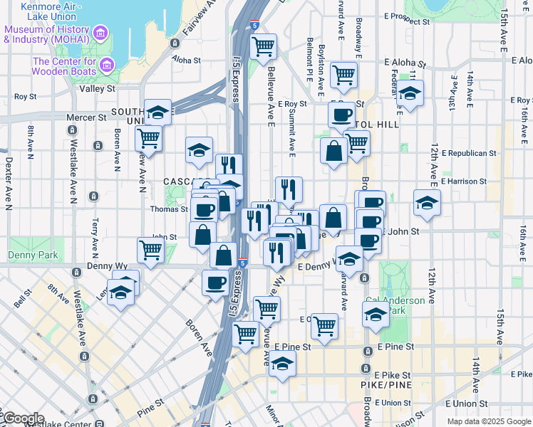 map of restaurants, bars, coffee shops, grocery stores, and more near 321 East Thomas Street in Seattle