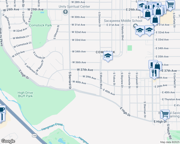 map of restaurants, bars, coffee shops, grocery stores, and more near 41 West 37th Avenue in Spokane