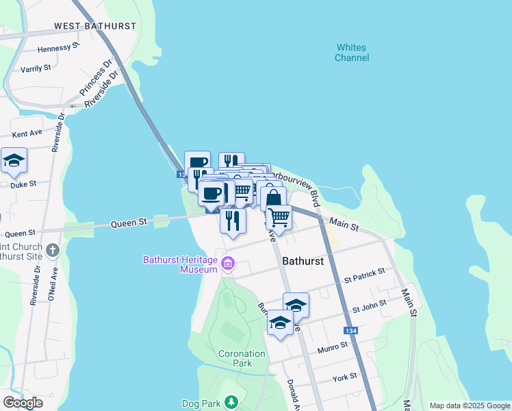 map of restaurants, bars, coffee shops, grocery stores, and more near 188 Main Street in Bathurst