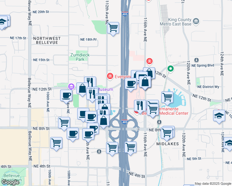 map of restaurants, bars, coffee shops, grocery stores, and more near 1100 112th Avenue Northeast in Bellevue
