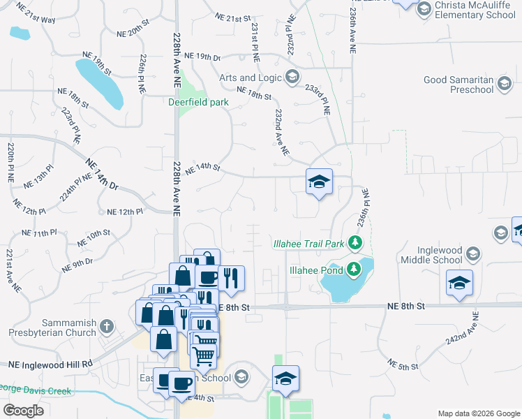 map of restaurants, bars, coffee shops, grocery stores, and more near 23030 Northeast 13th Street in Sammamish