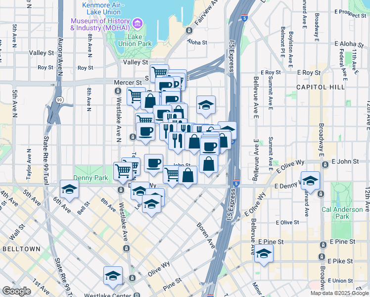 map of restaurants, bars, coffee shops, grocery stores, and more near 1205 Thomas Street in Seattle