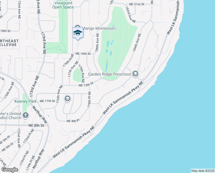 map of restaurants, bars, coffee shops, grocery stores, and more near 18011 Northeast 12th Place in Bellevue