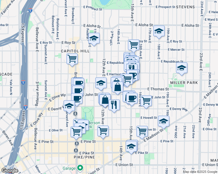 map of restaurants, bars, coffee shops, grocery stores, and more near 215 13th Avenue East in Seattle