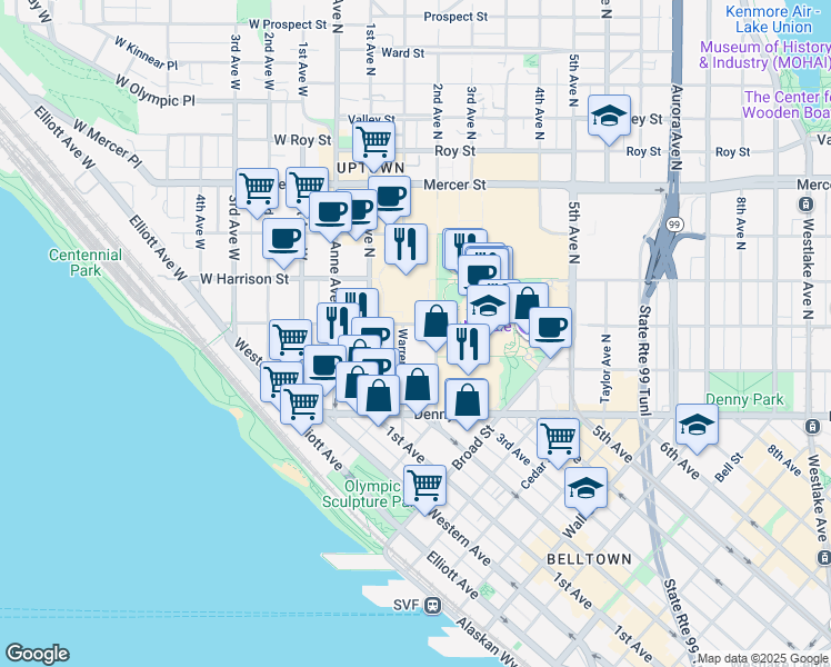map of restaurants, bars, coffee shops, grocery stores, and more near 232 Warren Avenue North in Seattle