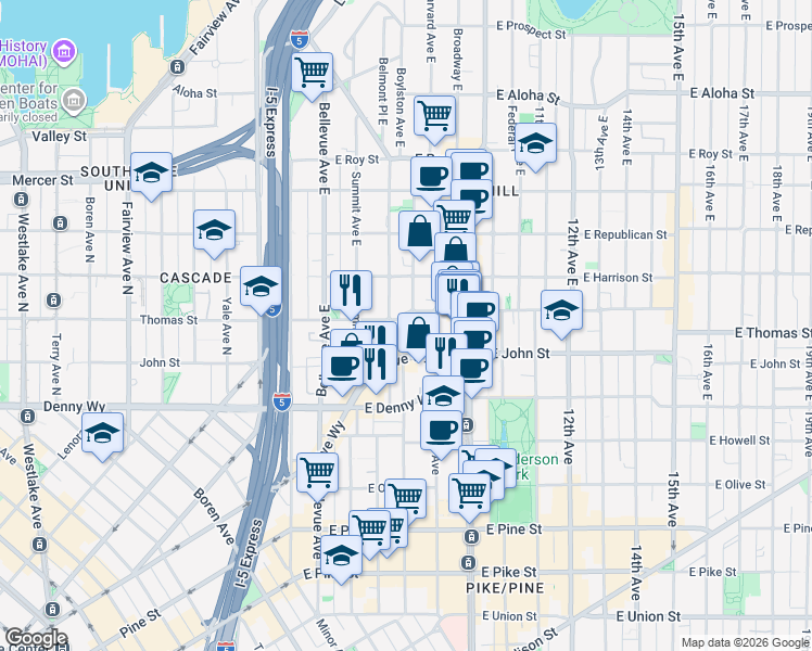 map of restaurants, bars, coffee shops, grocery stores, and more near 227 Boylston Avenue East in Seattle