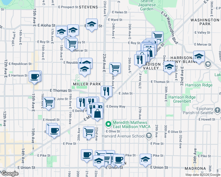 map of restaurants, bars, coffee shops, grocery stores, and more near 215 24th Avenue East in Seattle