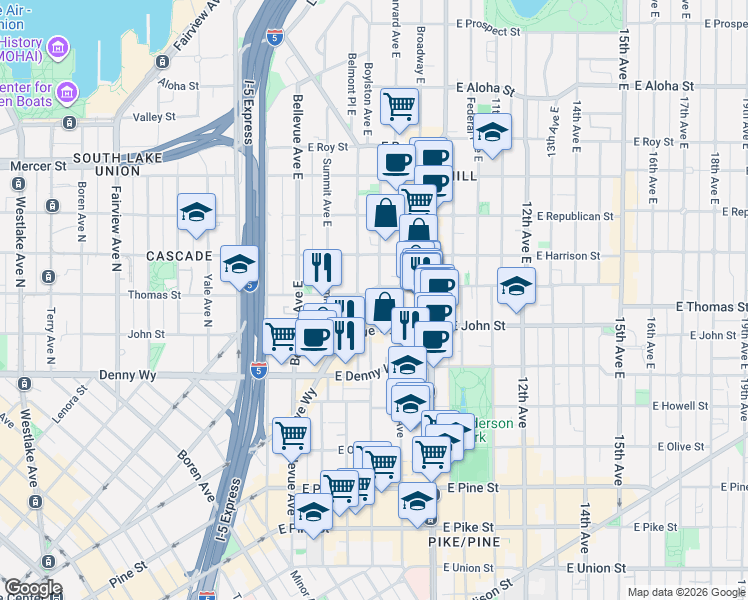map of restaurants, bars, coffee shops, grocery stores, and more near 219 Boylston Avenue in Seattle