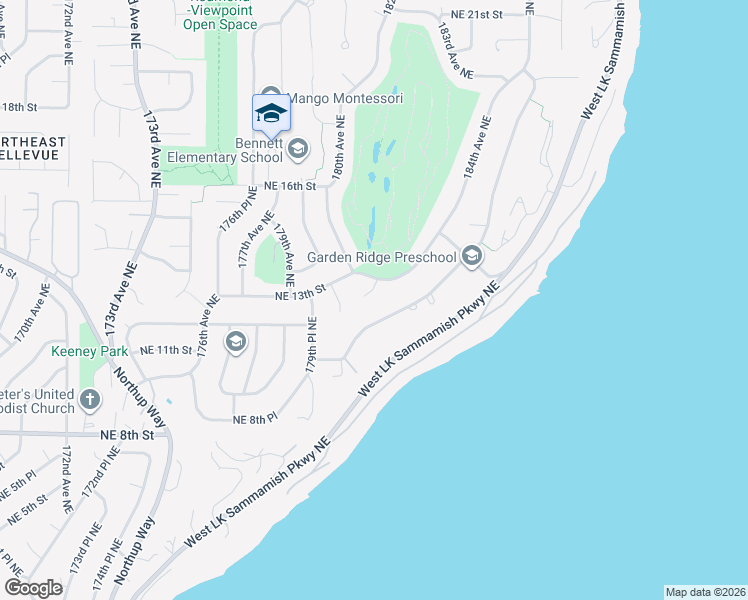 map of restaurants, bars, coffee shops, grocery stores, and more near 18011 Northeast 12th Place in Bellevue