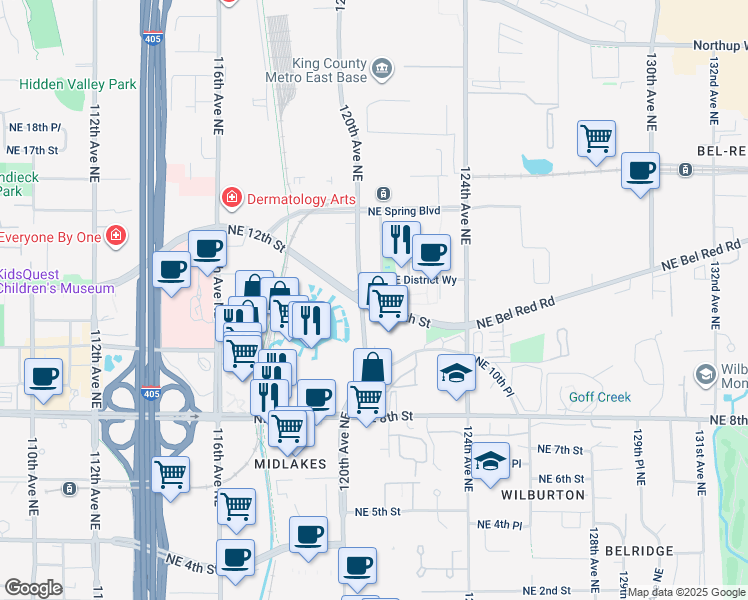 map of restaurants, bars, coffee shops, grocery stores, and more near in Bellevue