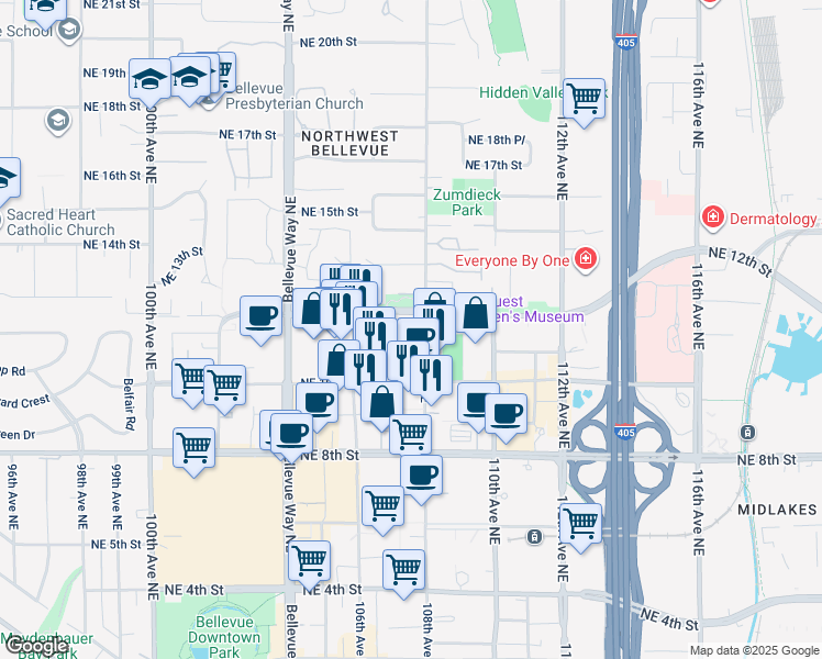 map of restaurants, bars, coffee shops, grocery stores, and more near 1051 108th Avenue Northeast in Bellevue