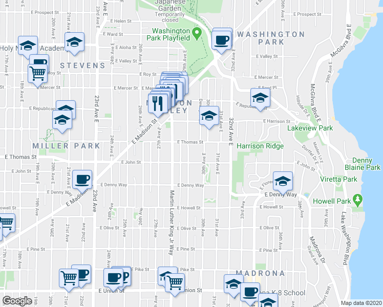 map of restaurants, bars, coffee shops, grocery stores, and more near 209 29th Avenue East in Seattle