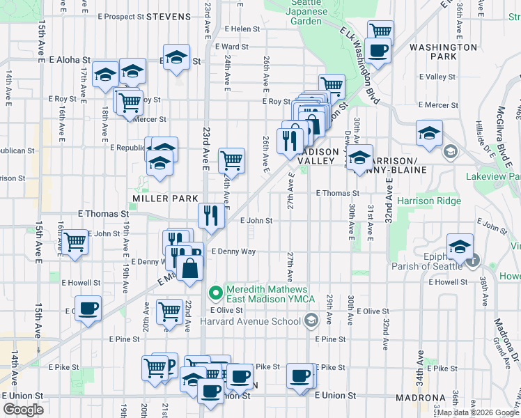 map of restaurants, bars, coffee shops, grocery stores, and more near 206 25th Avenue East in Seattle