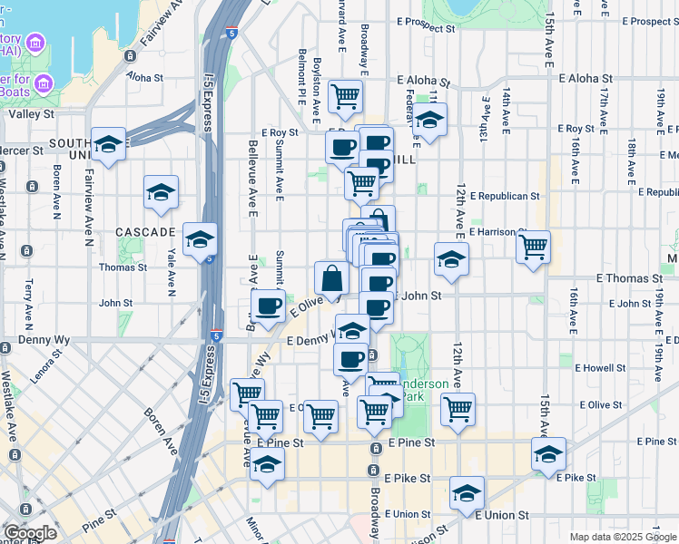 map of restaurants, bars, coffee shops, grocery stores, and more near 819 East Thomas Street in Seattle