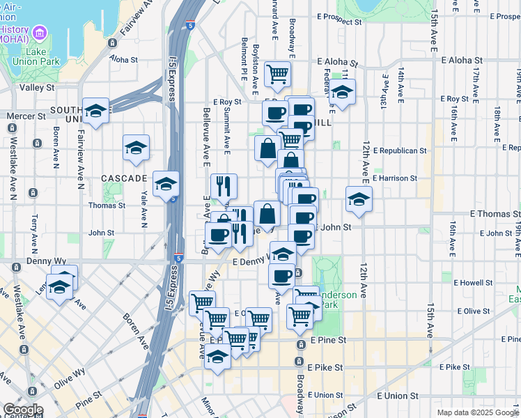 map of restaurants, bars, coffee shops, grocery stores, and more near 219 Boylston Avenue in Seattle