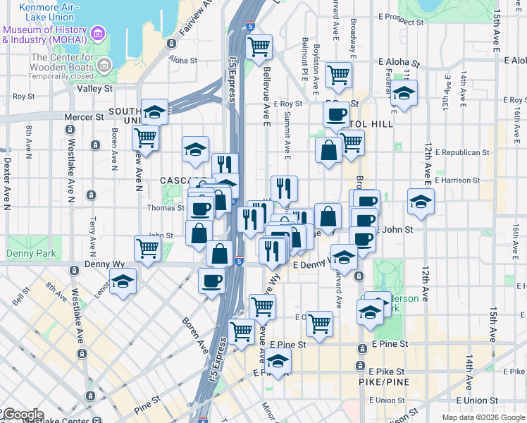 map of restaurants, bars, coffee shops, grocery stores, and more near 239 Bellevue Avenue East in Seattle