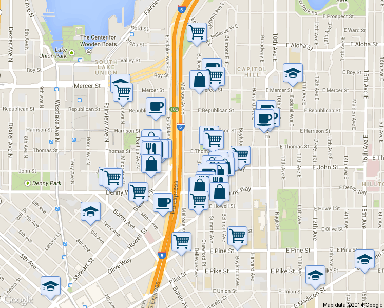 map of restaurants, bars, coffee shops, grocery stores, and more near 239 Bellevue Avenue East in Seattle