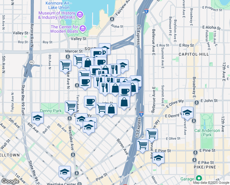 map of restaurants, bars, coffee shops, grocery stores, and more near in Seattle