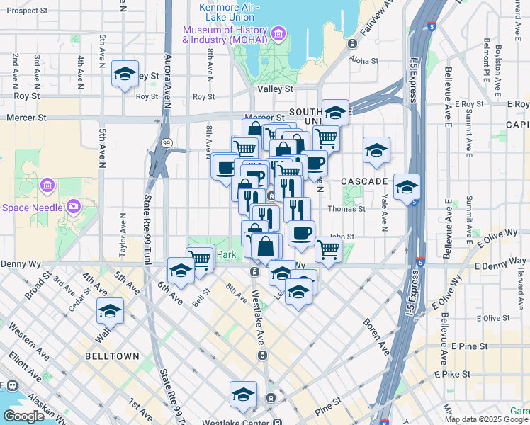 map of restaurants, bars, coffee shops, grocery stores, and more near 201 Terry Avenue North in Seattle