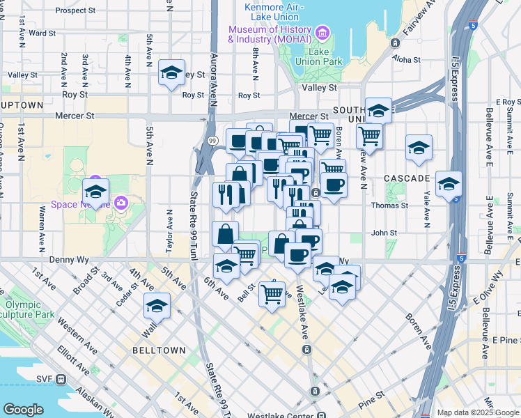 map of restaurants, bars, coffee shops, grocery stores, and more near 93 Denny Way in Seattle