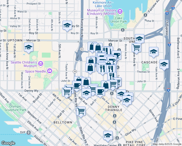 map of restaurants, bars, coffee shops, grocery stores, and more near 285 8th Avenue North in Seattle