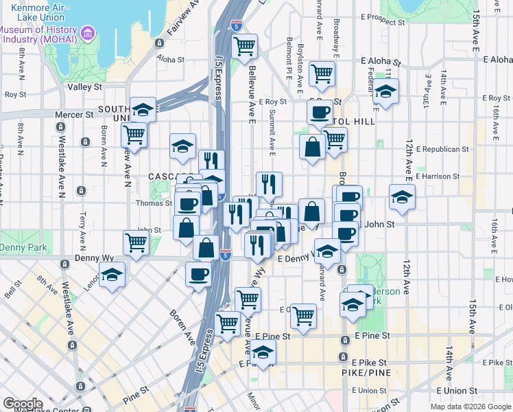 map of restaurants, bars, coffee shops, grocery stores, and more near 239 Bellevue Avenue East in Seattle