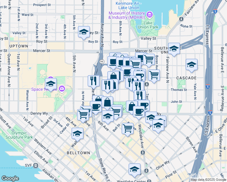 map of restaurants, bars, coffee shops, grocery stores, and more near 285 8th Avenue North in Seattle