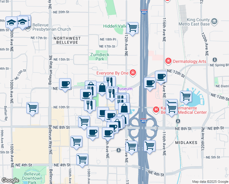 map of restaurants, bars, coffee shops, grocery stores, and more near 11018 Northeast 11th Street in Bellevue