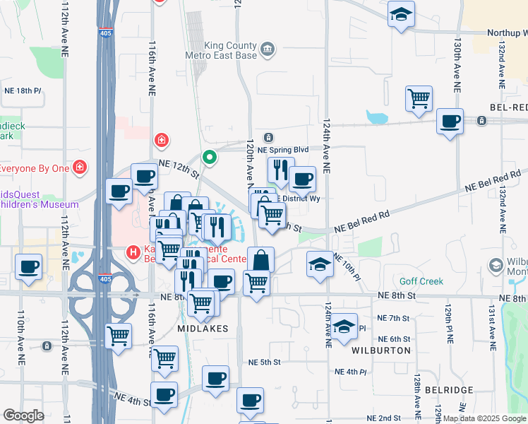 map of restaurants, bars, coffee shops, grocery stores, and more near 1201 121st Avenue NorthEast in Bellevue